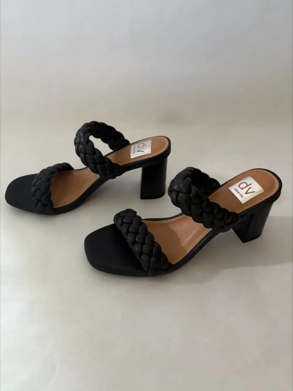 New Dolce Vita Black Braided Leather Slides Block Heels Size 8.5